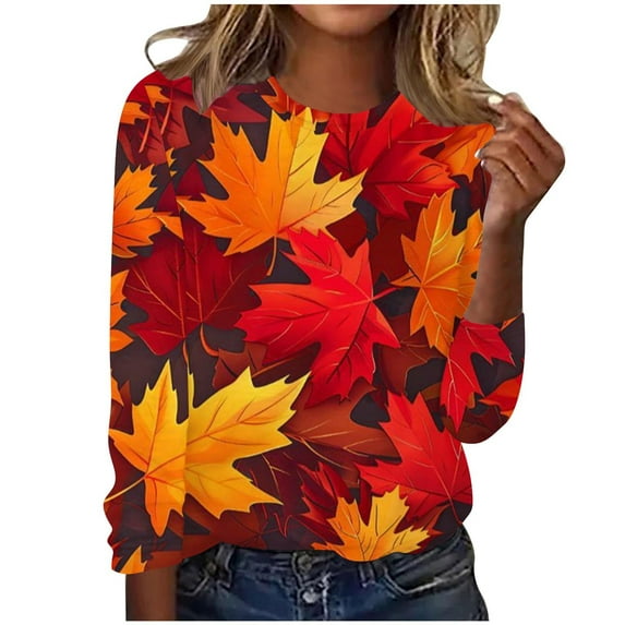 Women's Plus Size Long Sleeve T Shirt Maple Leaf Graphic Athletic Crewneck Fall Tops Quick Dry Loose Sweatshirt (4XL, Orange)