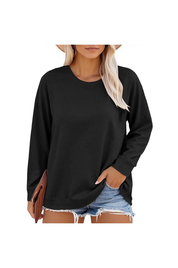 Women's Plus Size Long Sleeve T-Shirt, Solid Color Drop Shoulder Casual Top, Oversized Loose Fit Tee for Everyday Wear, Relaxed Comfort Basics Black XXXXL