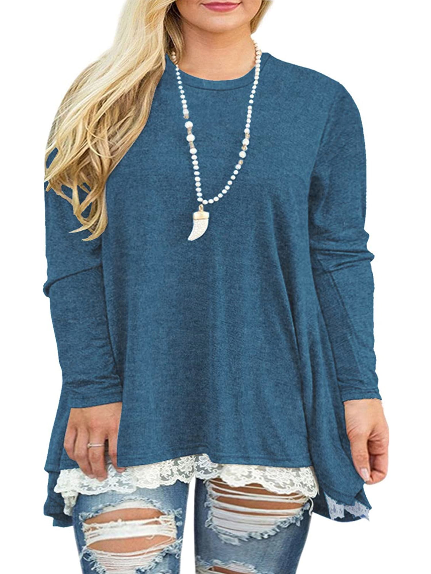 Women's Plus Size Long Sleeve Tunic Tops Lace Hem Blouse TShirts for