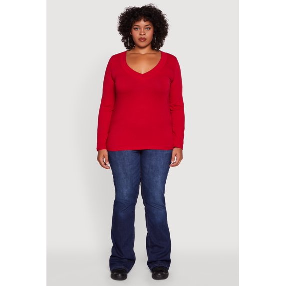 Women's Plus Size Long Sleeve V-Neck Basic Tee