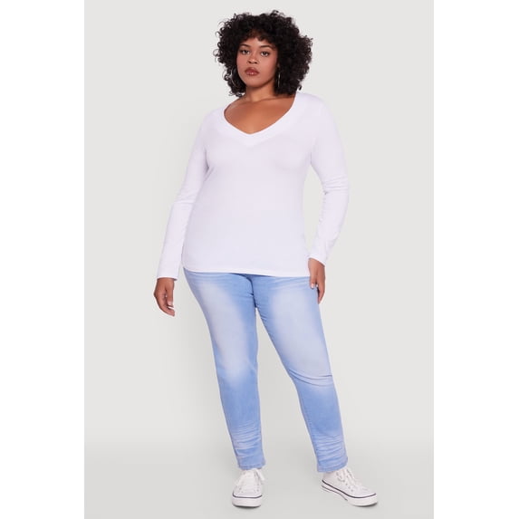 Women's Plus Size Long Sleeve V-Neck Basic Tee