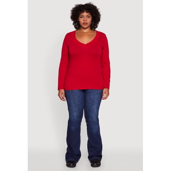 Women's Plus Size Long Sleeve V-Neck Basic Tee