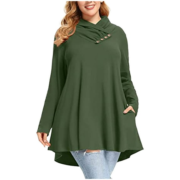 Women's Plus Size Long Sleeve V Neck Tops Buttons Tunic Shirts Solid Color Flowy Pleated Blouses Pullovers Green,L
