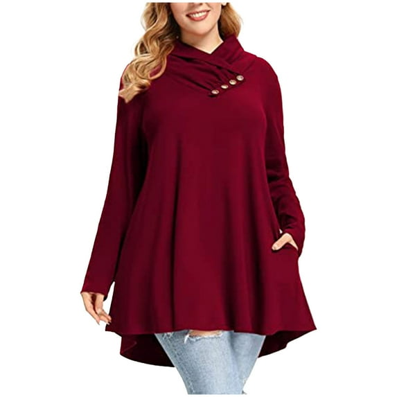 Women's Plus Size Long Sleeve V Neck Tops Buttons Tunic Shirts Solid Color Flowy Pleated Blouses Pullovers Red,XL