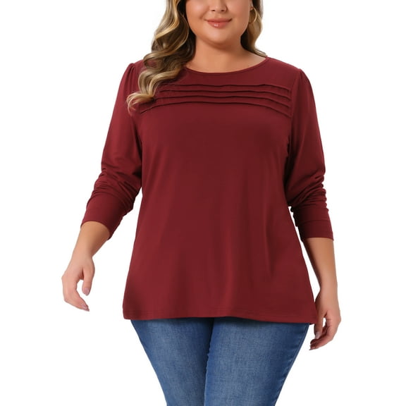 Agnes Orinda Women's Plus Size Top Front Tucks Detail Crew Neck Long Sleeve T-Shirt Casual Basic Tee Blouse 3X Burgundy