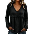 thumbnail image 1 of Women's Plus Size Long Sleeved V Neck T Shirts Causal Loose Fit Solid Tops Ladies Fall Ruffle Hem Going out Tees Black02 XXXL, 1 of 5