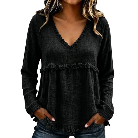 Women's Plus Size Long Sleeved V Neck T Shirts Causal Loose Fit Solid Tops Ladies Fall Ruffle Hem Going out Tees Black02 XXXL