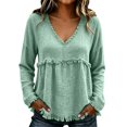 thumbnail image 1 of Women's Plus Size Long Sleeved V Neck T Shirts Causal Loose Fit Solid Tops Ladies Fall Ruffle Hem Going out Tees Green02 S, 1 of 5