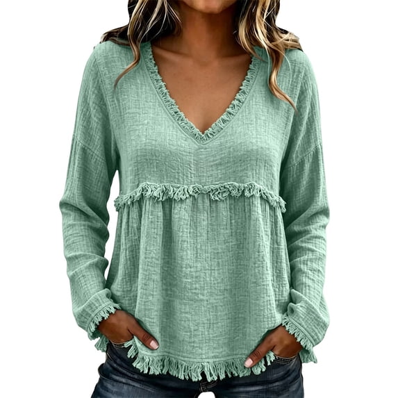 Women's Plus Size Long Sleeved V Neck T Shirts Causal Loose Fit Solid Tops Ladies Fall Ruffle Hem Going out Tees Green02 S