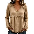 thumbnail image 1 of Women's Plus Size Long Sleeved V Neck T Shirts Causal Loose Fit Solid Tops Ladies Fall Ruffle Hem Going out Tees Khaki02 XXXL, 1 of 5