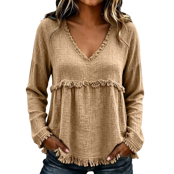 Women's Plus Size Long Sleeved V Neck T Shirts Causal Loose Fit Solid Tops Ladies Fall Ruffle Hem Going out Tees Khaki02 XXXL