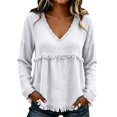 thumbnail image 1 of Women's Plus Size Long Sleeved V Neck T Shirts Causal Loose Fit Solid Tops Ladies Fall Ruffle Hem Going out Tees White02 XL, 1 of 5