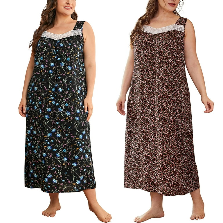 Women’s Plus Size Long Sleeveless Floral Nightgown,Floral Print 