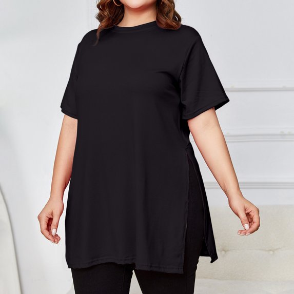 Women's Plus Size Long Slit T-Shirt, Round Neck Loose Short Sleeve Top, Tall Casual Blouse for All-Day Comfort or Layering, Black - 4XL