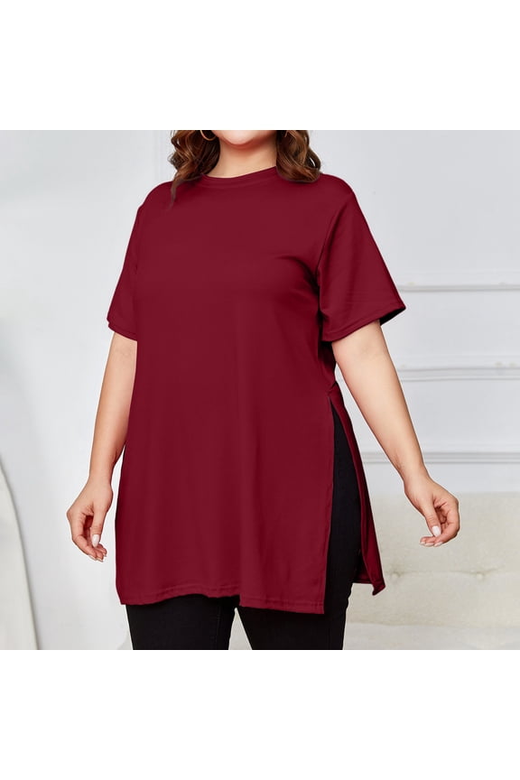 Women's Plus Size Long Slit T-Shirt, Round Neck Loose Short Sleeve Top, Tall Casual Blouse for All-Day Comfort or Layering, Deep Red - 4XL