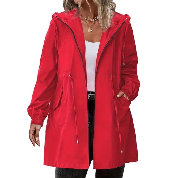 Women's Plus Size Long Waterproof Rain Jacket, Lightweight Hooded Windbreaker, Casual Outdoor Hiking Coat, Foldable Raincoat for Travel, All Season Rainwear, Packable Rain Jacket Red XXL