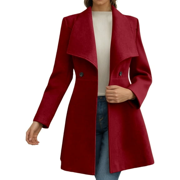 Women’s Plus Size Long Wool Blend Coat Winter Fall Fashion Notch Lapel Belted Trench Jacket Fully Lined Warm Outerwear Casual Wear