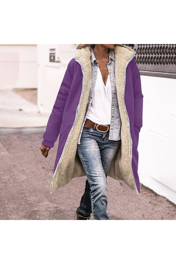 Women's Plus Size Longline Fleece Lined Hooded Jacket, Soft Cotton Blend Zip Up Coat with Plush Interior, Oversized Outerwear for Autumn Winter, Comfortable Casual Outerwear with Warm Lining Purple