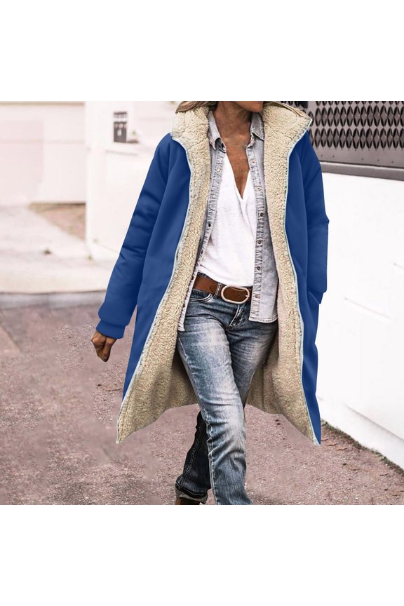 Women's Plus Size Longline Fleece Lined Hooded Jacket,Soft Cotton Zip Up Coat with Plush Interior,Oversized Outerwear for Autumn Winter,Comfortable Casual Outerwear with Warm Lining Dark Blue