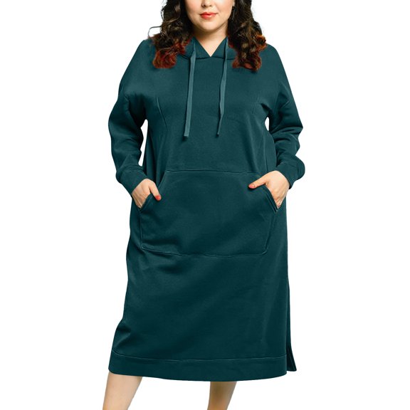 Women's Plus Size Longline Hoodie - Dark Green Solid Color, 5XL Plus Size, Long Sleeve, Comfortable Fit, Size XXXXXL