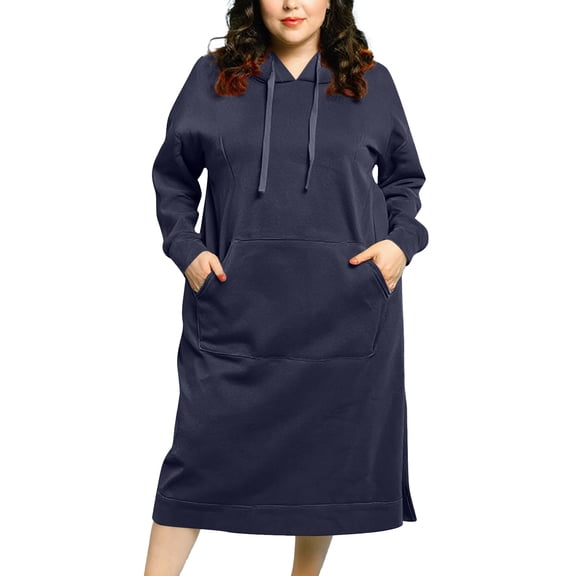 Women's Plus Size Longline Hoodie - Navy Blue Solid Color, 5XL Plus Size, Long Sleeve, Comfortable Fit, Size XXXXXL