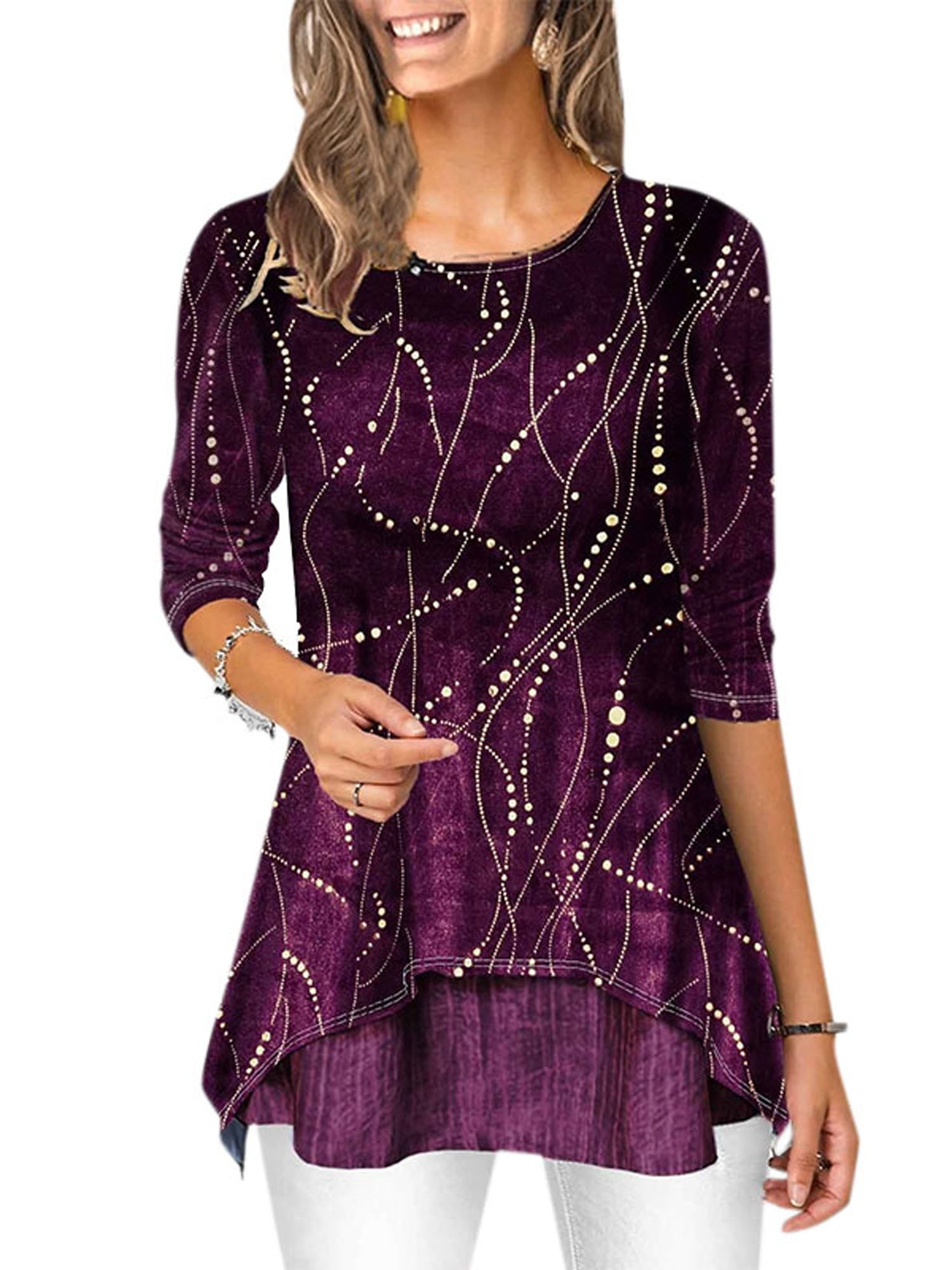 Women's Plus Size Loose 3/4 Sleeves Irregular Casual Tunic Round Neck
