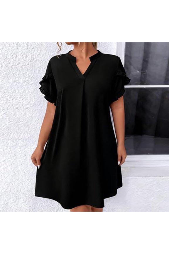Women's Plus Size Loose Casual Fashion Ruffled Sleeve V-Neck Dress - Black XXXXL