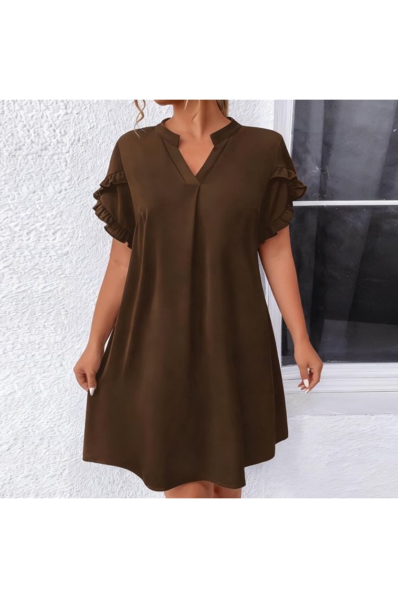 Women's Plus Size Loose Casual Fashion Ruffled Sleeve V-Neck Dress - Coffee XXXXXL