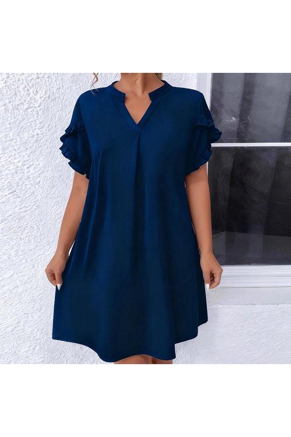 Women's Plus Size Loose Casual Fashion Ruffled Sleeve V-Neck Dress - Navy Blue XXXXL