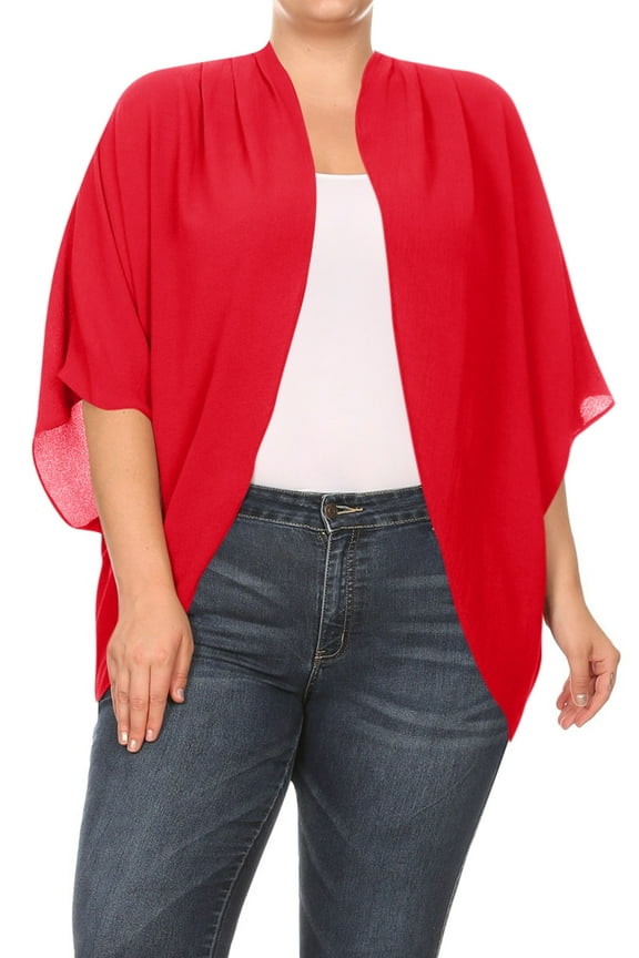 Women's Plus Size Loose Fit 3/4 Sleeves Kimono Style Open Front Solid Cardigan S-3XL