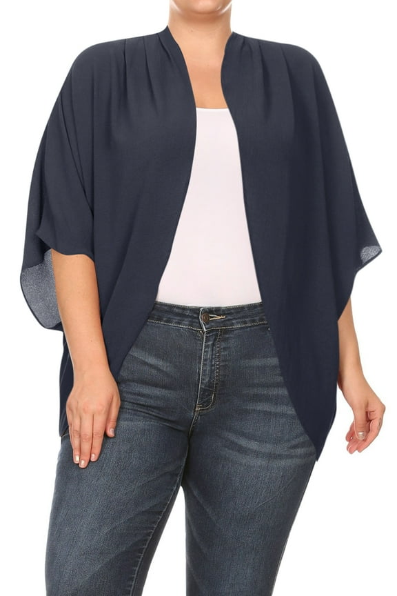 Women's Plus Size Loose Fit 3/4 Sleeves Kimono Style Open Front Solid Cardigan S-3XL