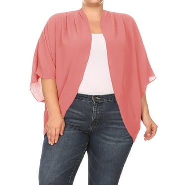Women's Plus Size Loose Fit 3/4 Sleeves Kimono Style Open Front Solid Cardigan S-3XL