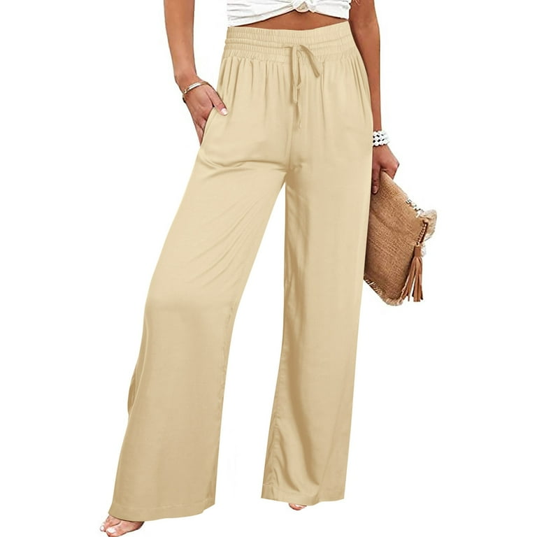 Women s Plus Size Loose Fit Casual High Empire Waist Solid Color Polyester Wide Leg Sweatpants with Pockets Beige
