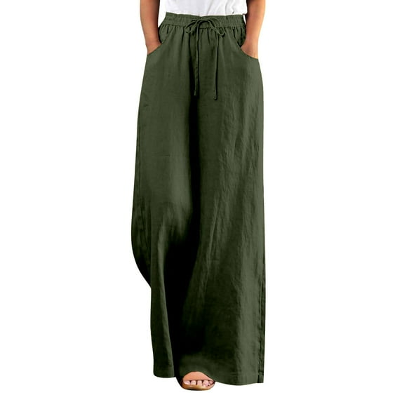 Women's Plus Size Loose Fit High Empire Waist Solid Color Polyester Wide Leg Sweatpants ,Green