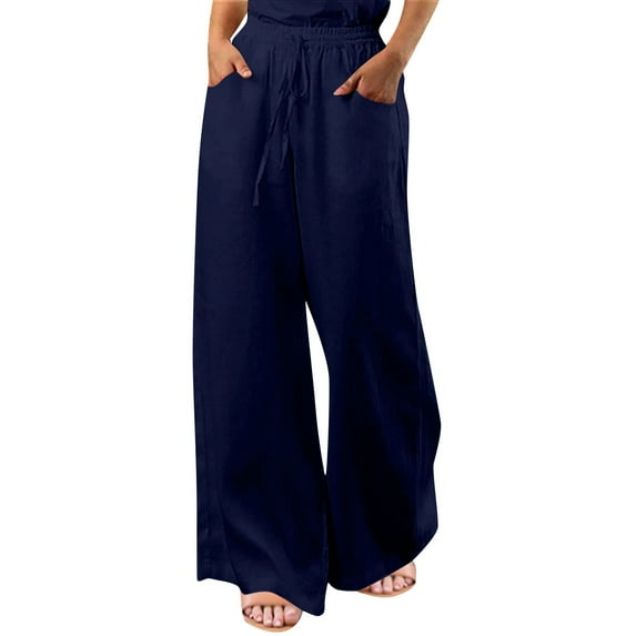 Women's Plus Size Loose Fit High Empire Waist Solid Color Polyester Wide Leg Sweatpants ,Navy