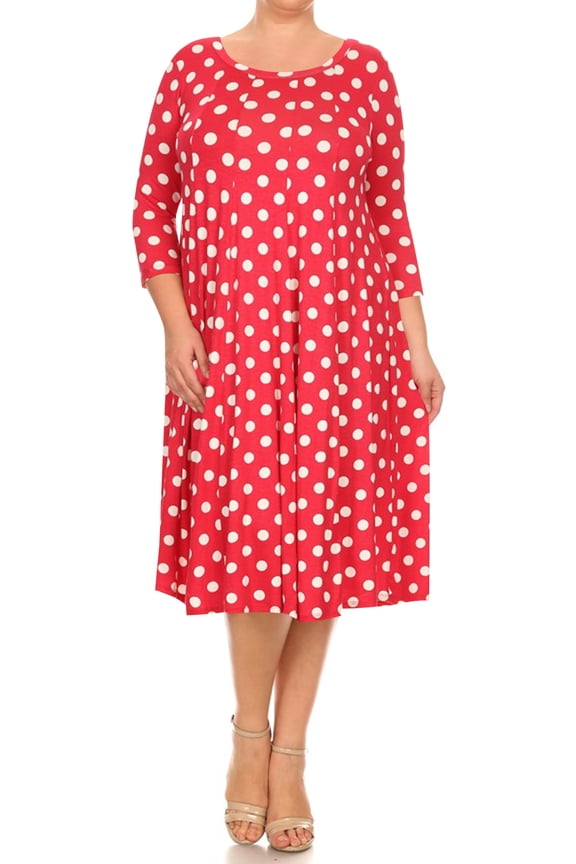 Women's Plus Size Loose Fit Scoop Neck 3/4 Sleeve Polka Dot Patterned A-Line Long Dress
