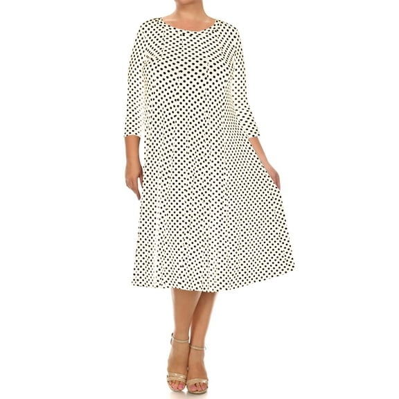 Women's Plus Size Loose Fit Scoop Neck 3/4 Sleeve Polka Dot Patterned A-Line Long Dress