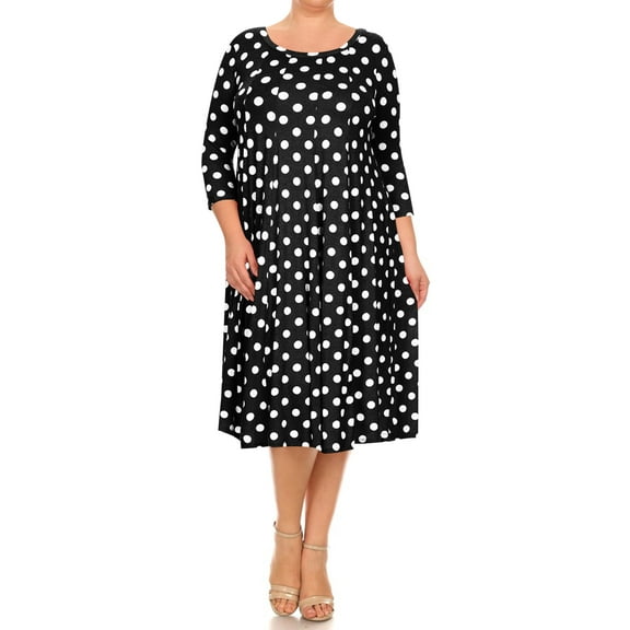 Women's Plus Size Loose Fit Scoop Neck 3/4 Sleeve Polka Dot Patterned A-Line Long Dress
