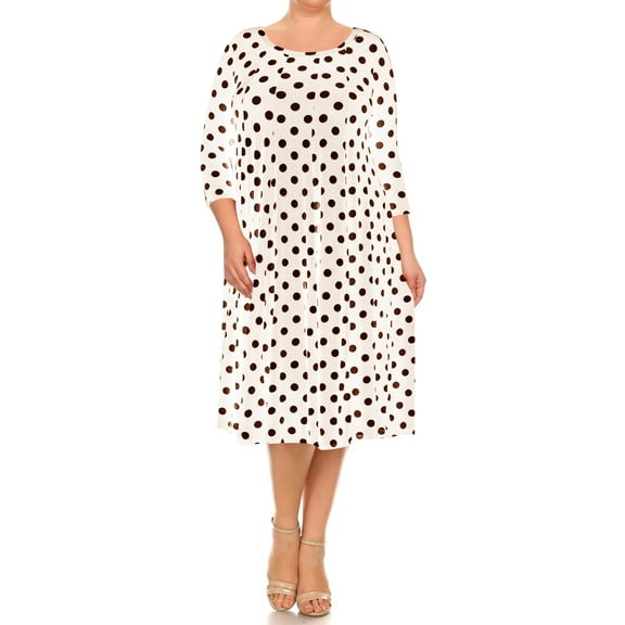 Women's Plus Size Loose Fit Scoop Neck 3/4 Sleeve Polka Dot Patterned A-Line Long Dress