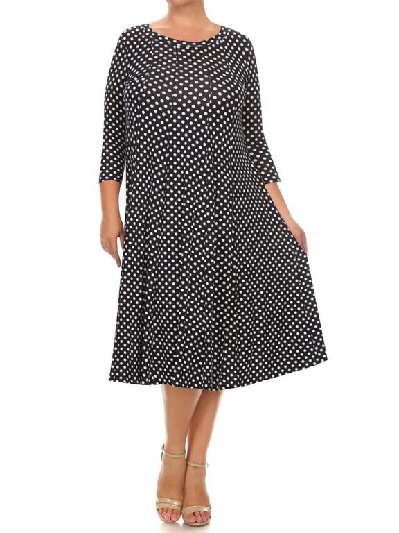 Women's Plus Size Loose Fit Scoop Neck 3/4 Sleeve Polka Dot Patterned A-Line Long Dress