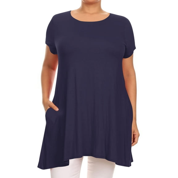 Women's Plus Size Loose Fit Short Sleeves Side Pockets Solid Tunic Top