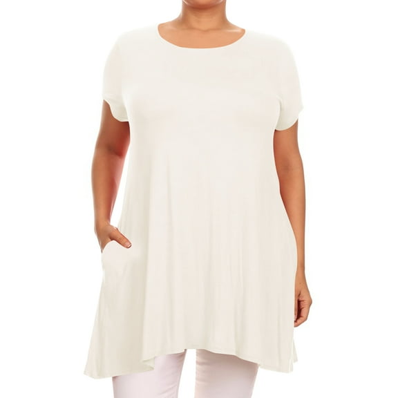 Women's Plus Size Loose Fit Short Sleeves Side Pockets Solid Tunic Top