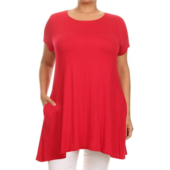 Women's Plus Size Loose Fit Short Sleeves Side Pockets Solid Tunic Top