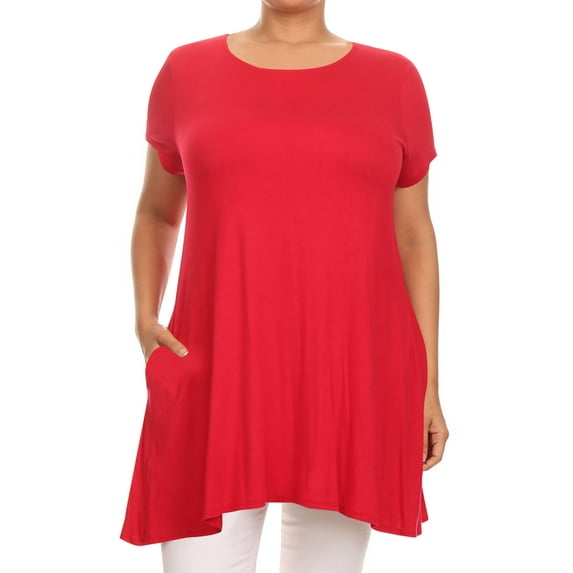Women's Plus Size Loose Fit Short Sleeves Side Pockets Solid Tunic Top
