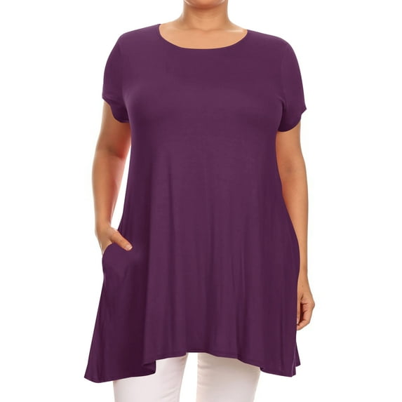 Women's Plus Size Loose Fit Short Sleeves Side Pockets Solid Tunic Top