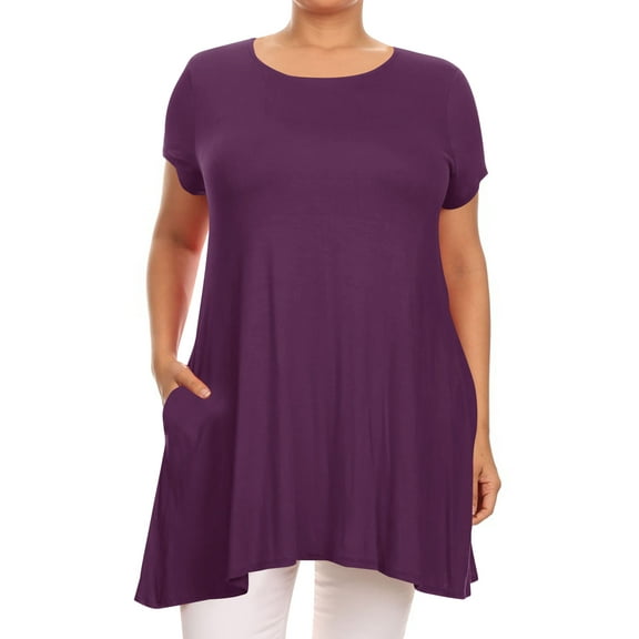Women's Plus Size Loose Fit Short Sleeves Side Pockets Solid Tunic Top