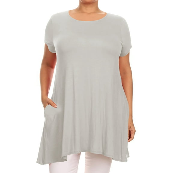 Women's Plus Size Loose Fit Short Sleeves Side Pockets Solid Tunic Top