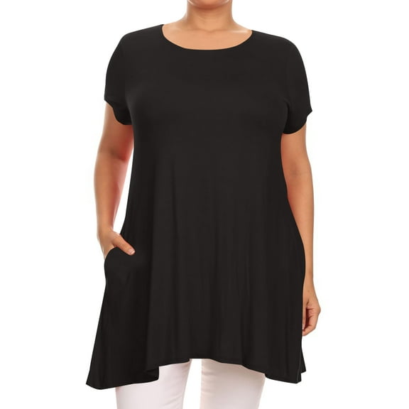 Women's Plus Size Loose Fit Short Sleeves Side Pockets Solid Tunic Top