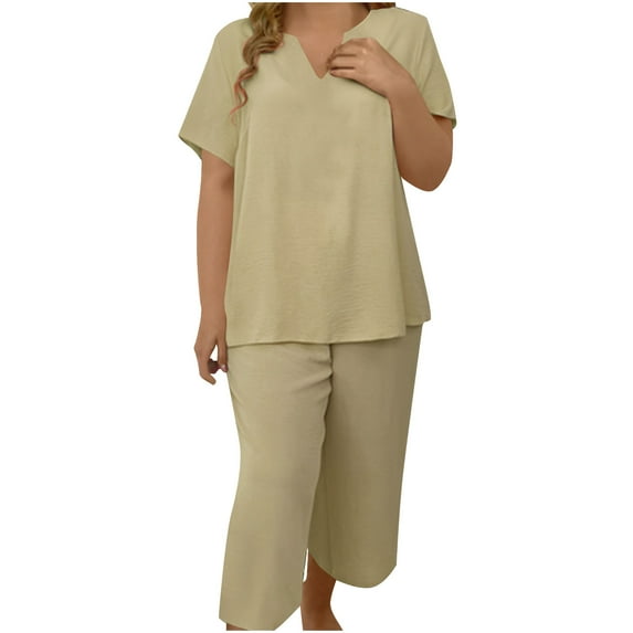 Women's Plus Size Lounge Set - V Neck Tunic & Capri Pants | Summer Comfy Casual Matching Pajama Two Piece Outfit Solid Color