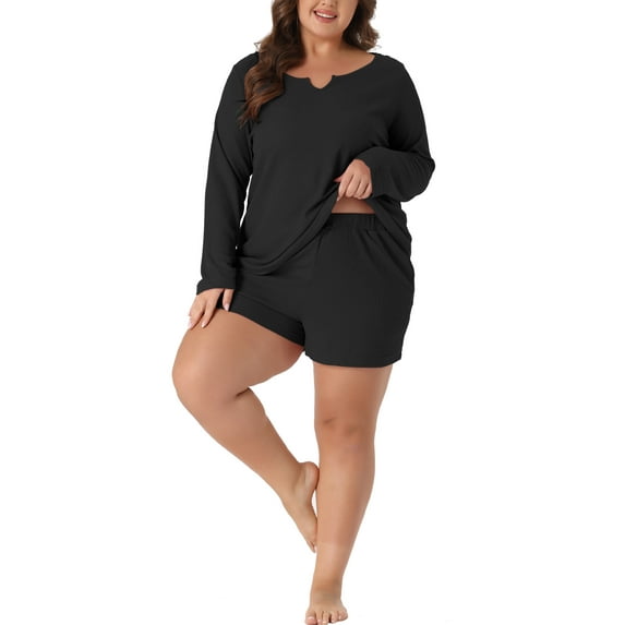 Women' s Plus Size Loungewear Waffle 2 Piece Long Sleeved Tops and Shorts Pajama Sweatsuits Sets